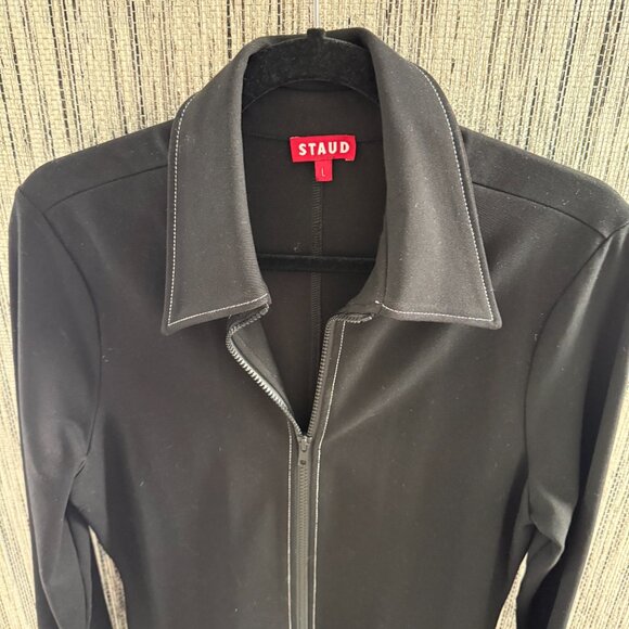 STAUD Black Zip-Front Midi Dress with Contrast Stitching (Size L) - Picture 3 of 4